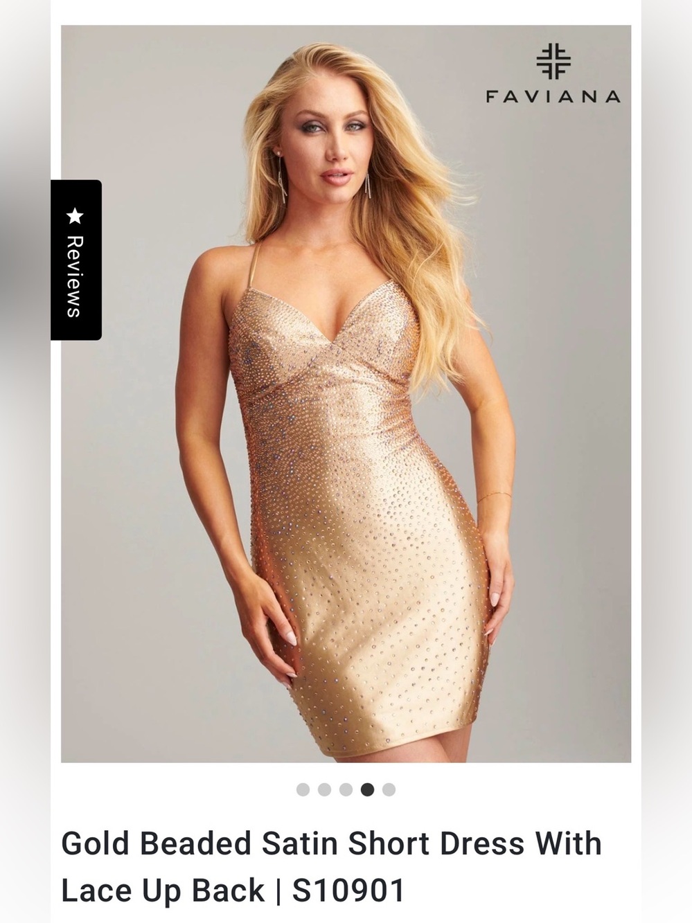 Faviana S10901 Gold Beaded Satin Lace Up Short Dress Size 4 NWT